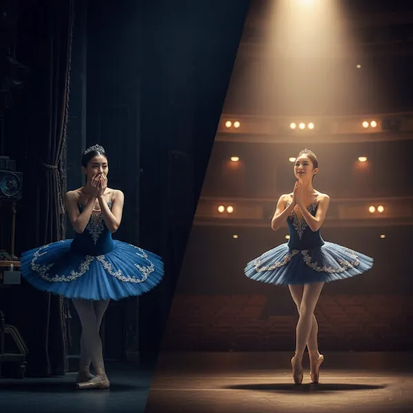 舞台の袖で緊張しているス姿と踊り終えた感動の少女