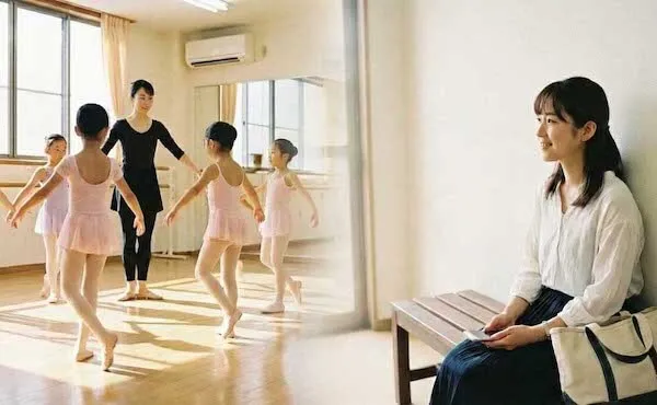 バレエのレッスンを見守るママ